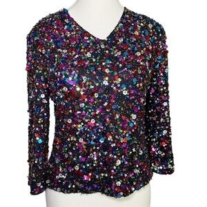 Classic Creations Fully Sequin 3/4 Sleeve Vintage 90s V-Neck Top